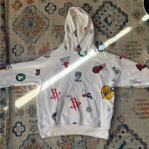 Hollister White Pullover Hoodie with Multicolor Team Logos